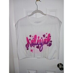 Aaliyah Womens Medium White Crop T-Shirt Tank Top Pink Graffiti Spray Paint Name